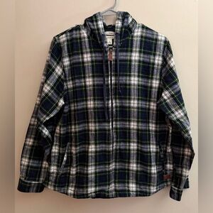 LL Bean Women’s Navy and Green Flannel Shirt Jacket Relaxed Zip Hoodie